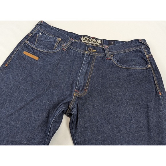 Akoo Jeans Selvedge Denim Dark Mens‎ 40x30 Blue Wide Embroidered Western - Picture 4 of 12